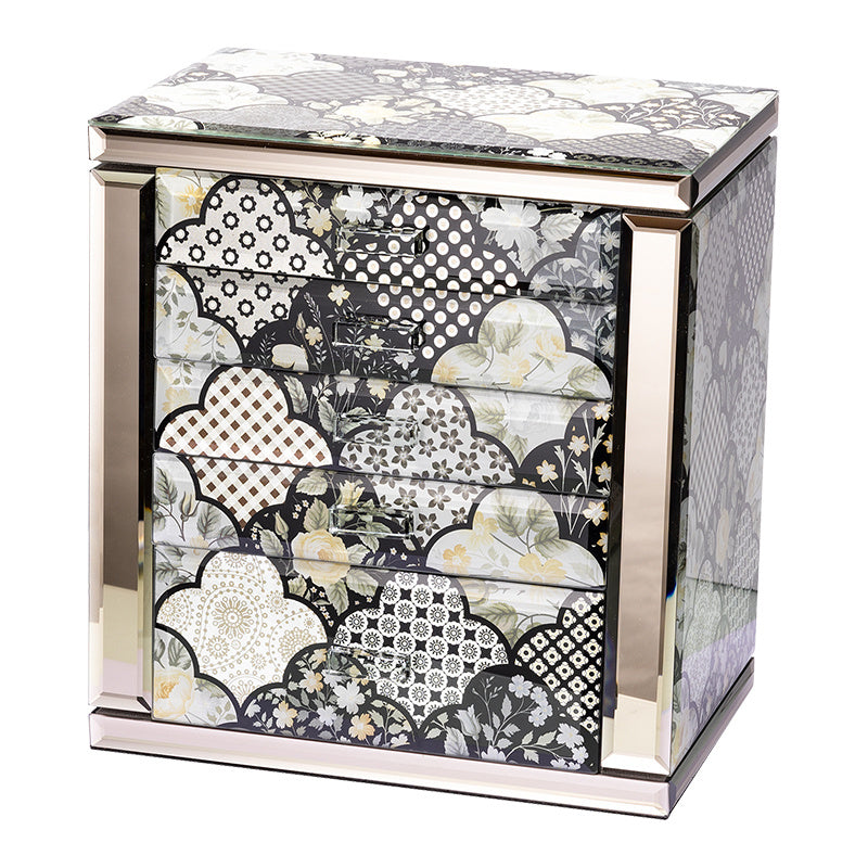 Floral Pattern Jewelry Box with 5 Drawers, Glass Accents