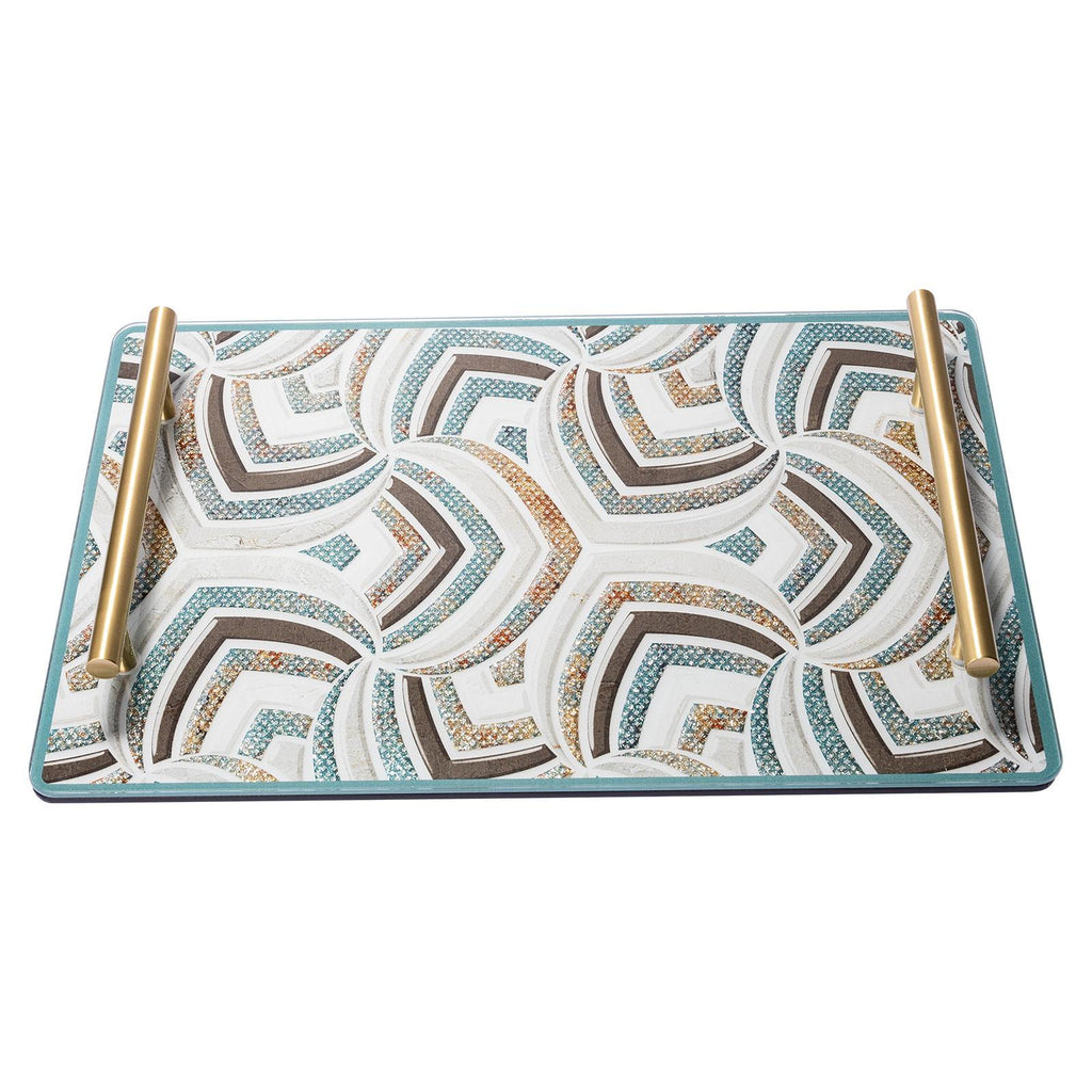 Geometric Marble Glitter Tempered Glass Vanity Tray, Solid Brass Handles, Luxury Decor Serving Tray