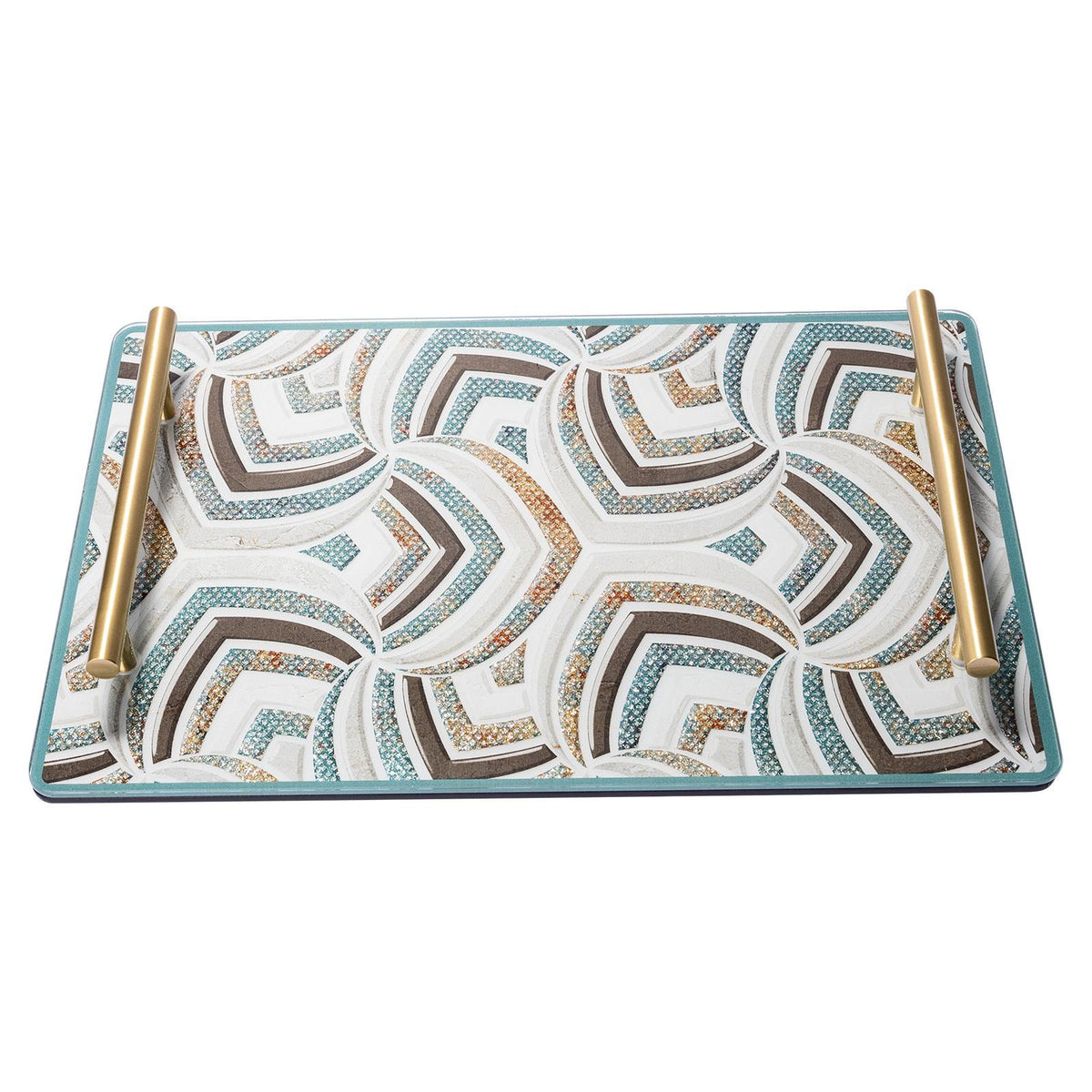 Geometric Marble Glitter Tempered Glass Vanity Tray, Solid Brass Handles, Luxury Decor Serving Tray