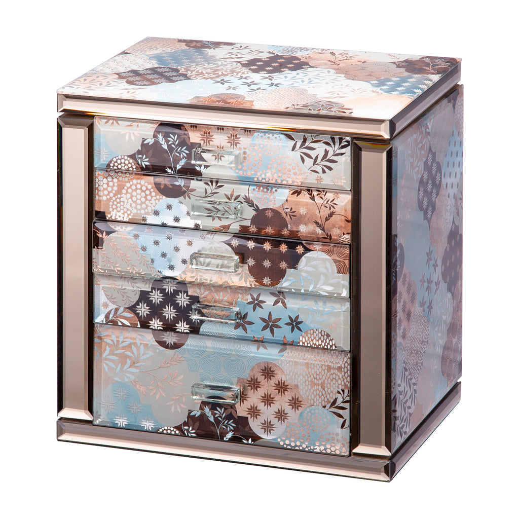 5-Drawer Glass Jewelry Chest, Double Side Door Luxury Jewelry Organizer Box with Mirror, Storage for Necklaces, Rings, Earrings & Watches for Vanity Bedroom