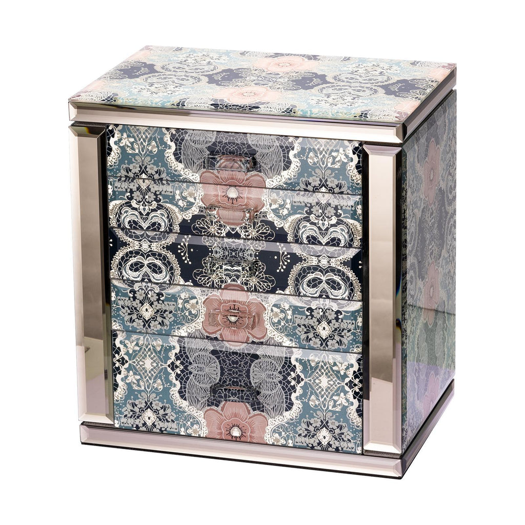 Vintage Floral Jewelry Box with 5 Drawers, Glass Accents