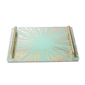 Tiffany Blue Sunburst Glass Serving Tray, Solid Brass Handles, Luxury Decor Tray