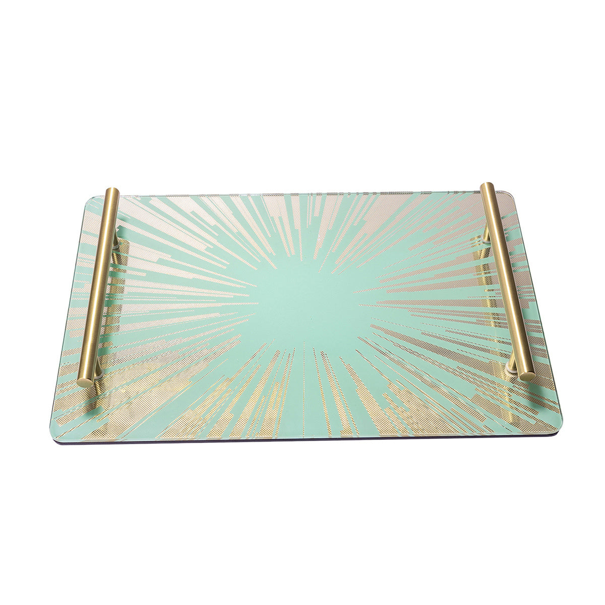 Tiffany Blue Sunburst Glass Serving Tray, Solid Brass Handles, Luxury Decor Tray