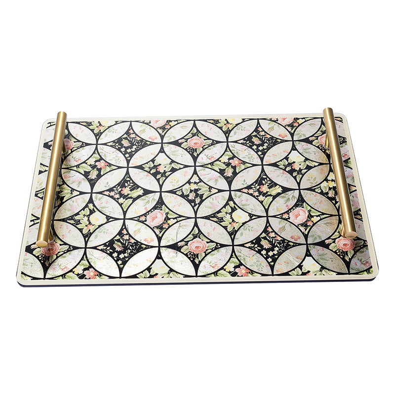 Vintage Gilded Floral Tempered Glass Vanity Tray, Solid Brass Handles, Luxury Decor Serving Tray