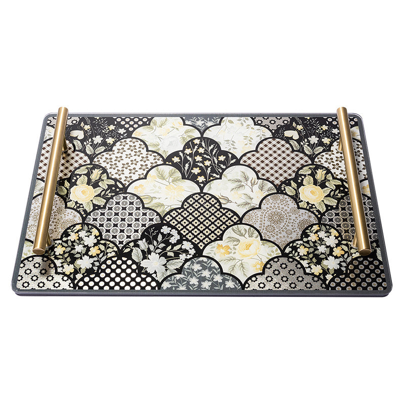New Chinese Floral Patchwork Tempered Glass Vanity Tray, Solid Brass Handles, Luxury Decor Serving Tray