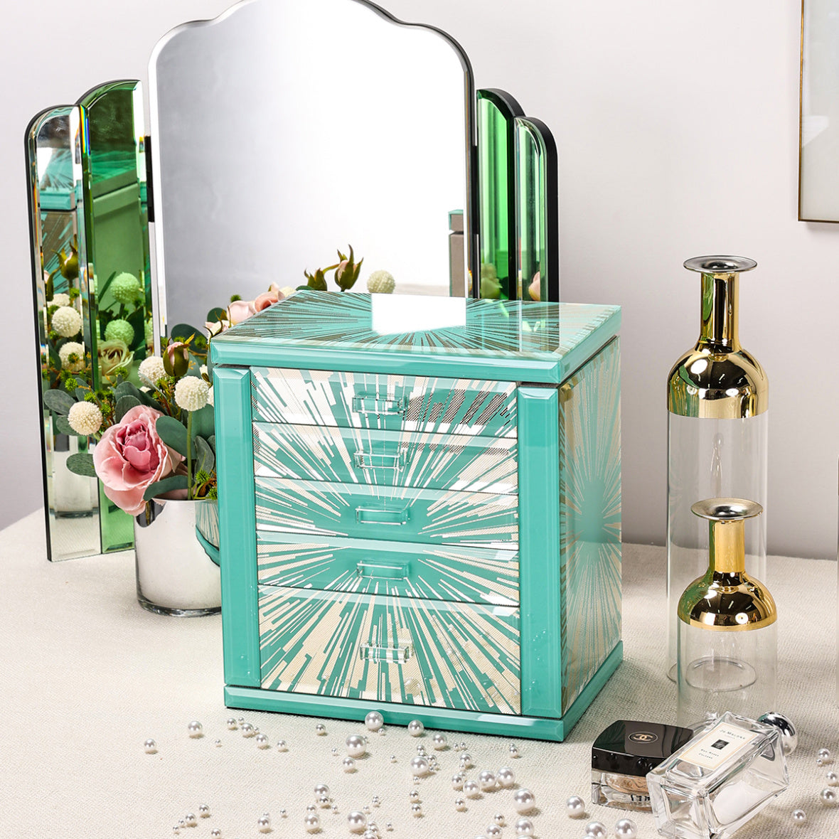 Ocean Star Tiffany Blue Glass Jewelry Chest 5 Drawer Jewelry Organizer