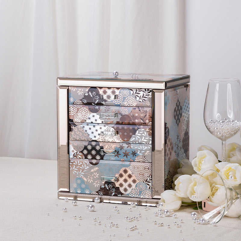5-Drawer Glass Jewelry Chest, Double Side Door Luxury Jewelry Organizer Box with Mirror, Storage for Necklaces, Rings, Earrings & Watches for Vanity Bedroom