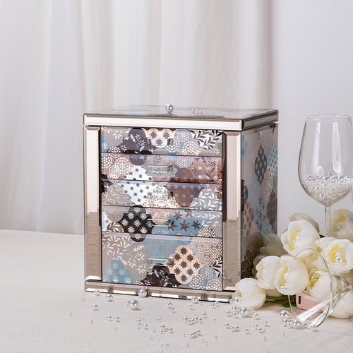 5-Drawer Glass Jewelry Chest, Double Side Door Luxury Jewelry Organizer Box with Mirror, Storage for Necklaces, Rings, Earrings & Watches for Vanity Bedroom