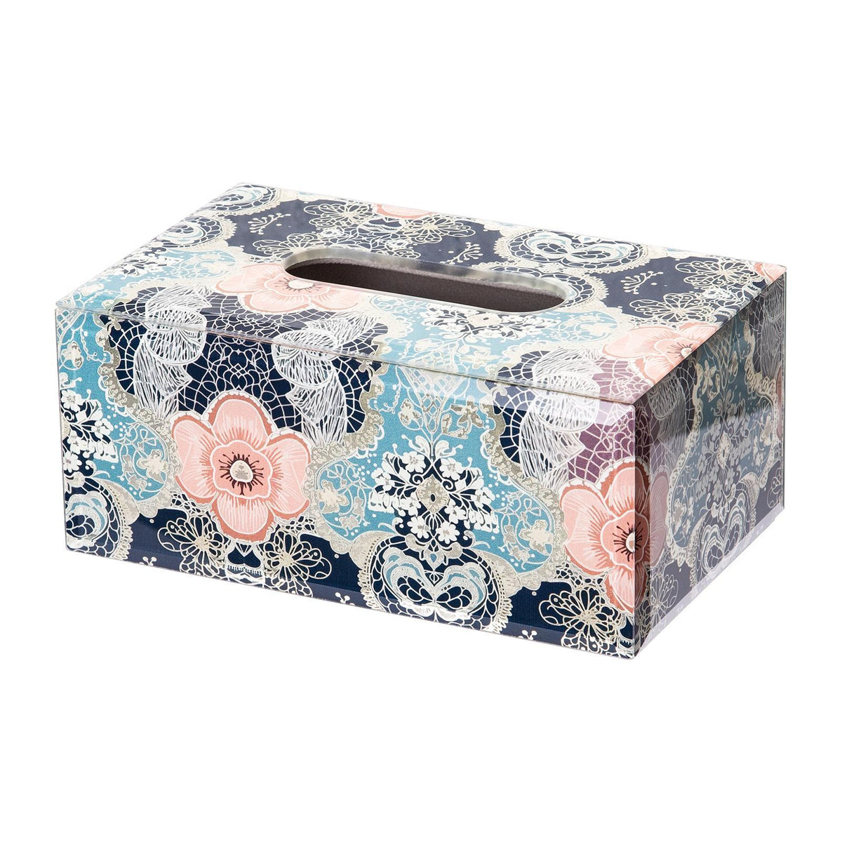 Lace Floral Decorative Tissue Box, Elegant Glass Napkin Holder, Light Luxury Home Vanity Tissue Cover Subtitle：Vintage Lace & Pink Flower Pattern Tissue Holder, Artisan Decor for Bedroom & Living Room