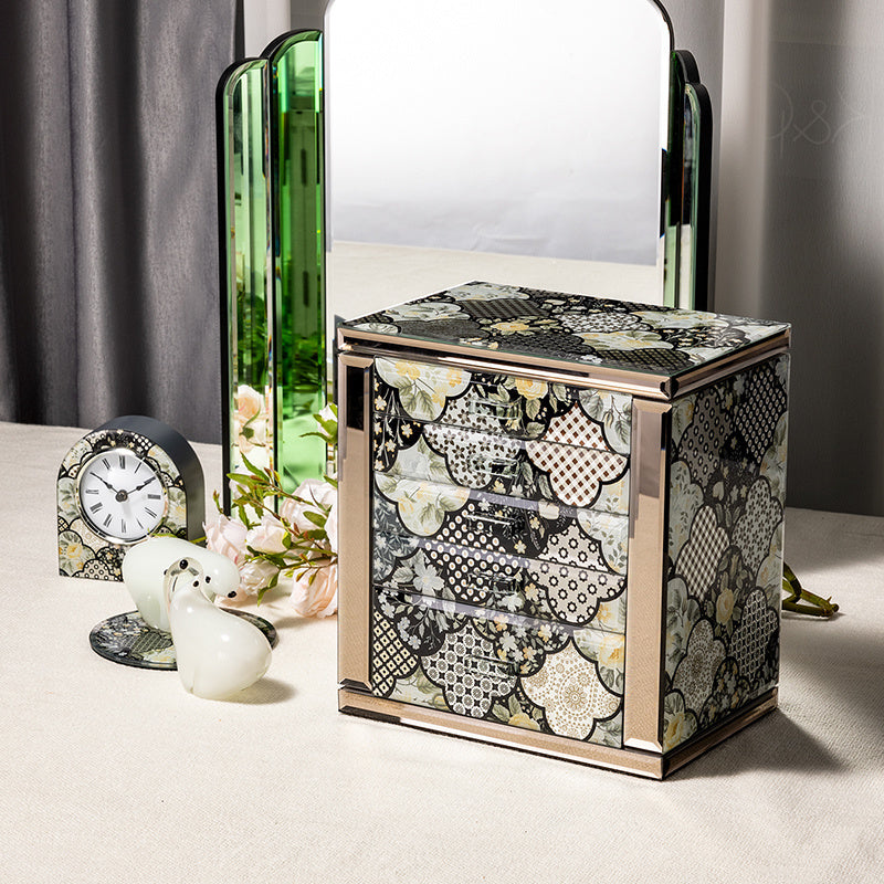 Floral Pattern Jewelry Box with 5 Drawers, Glass Accents
