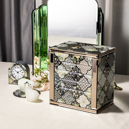 Floral Pattern Jewelry Box with 5 Drawers, Glass Accents