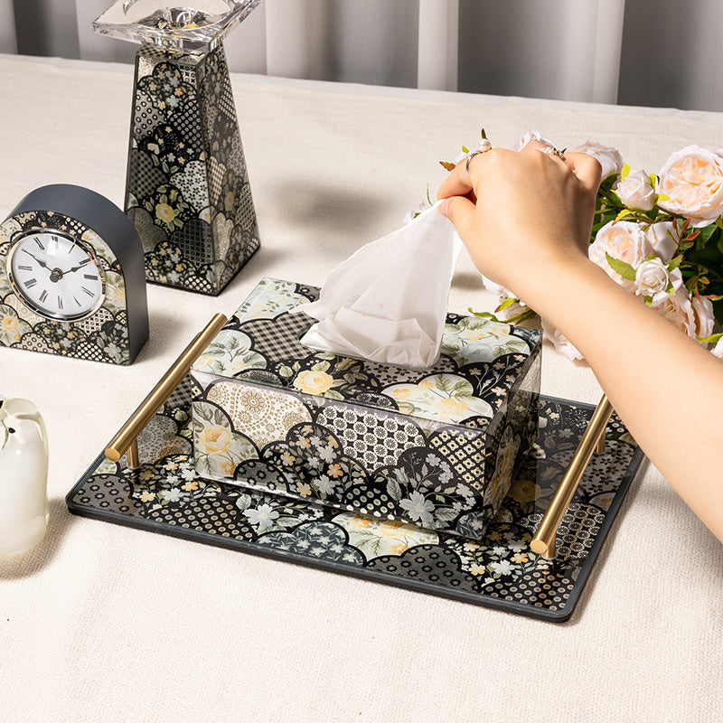 Vintage Patchwork Floral Decorative Tissue Box, Glass Napkin Holder, Elegant Dark Tone Home Tissue Cover
