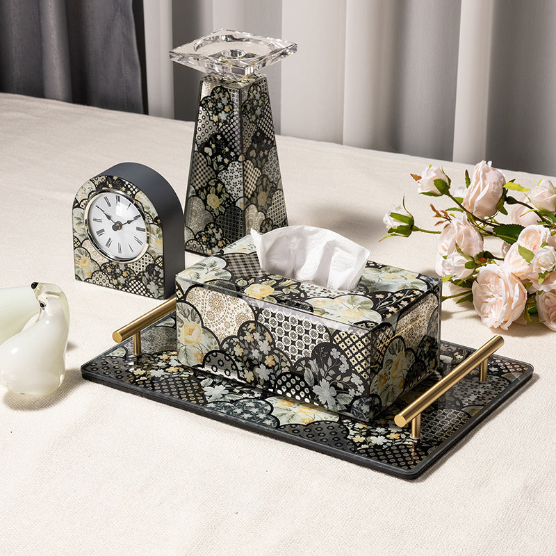 New Chinese Floral Patchwork Tempered Glass Vanity Tray, Solid Brass Handles, Luxury Decor Serving Tray