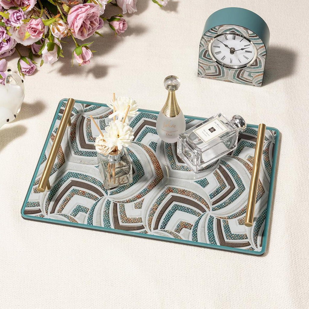 Geometric Marble Glitter Tempered Glass Vanity Tray, Solid Brass Handles, Luxury Decor Serving Tray