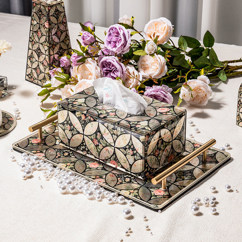 Vintage Gilded Floral Tempered Glass Vanity Tray, Solid Brass Handles, Luxury Decor Serving Tray