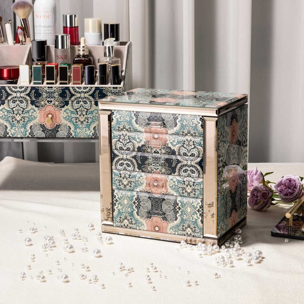 Vintage Floral Jewelry Box with 5 Drawers, Glass Accents
