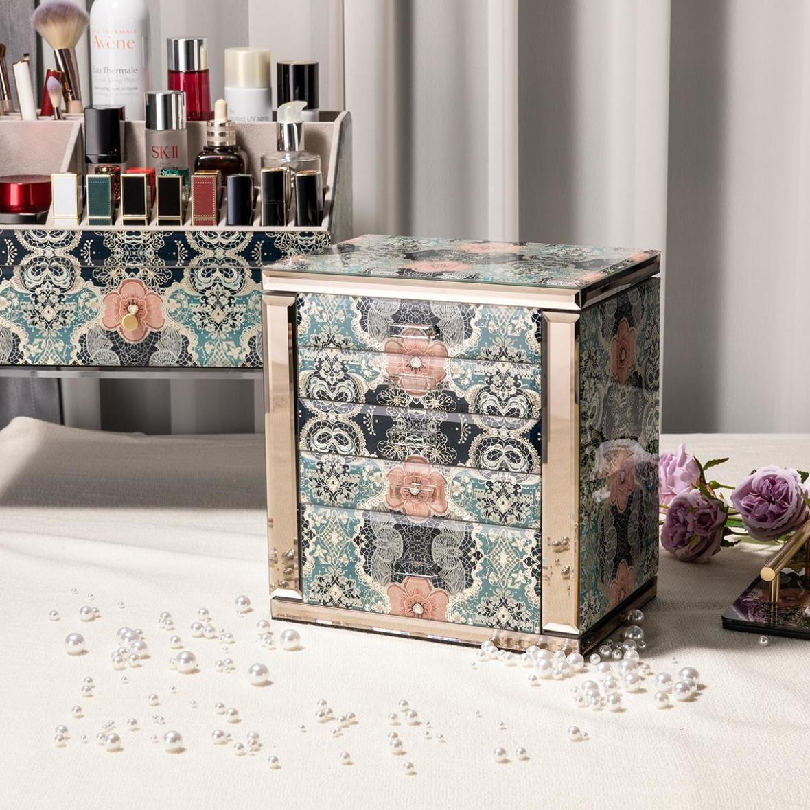 Vintage Floral Jewelry Box with 5 Drawers, Glass Accents