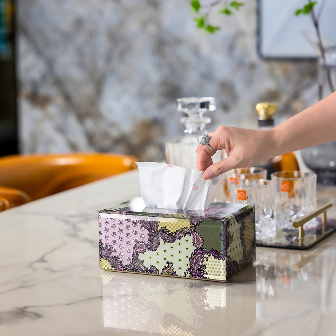 Art Paisley Patchwork Decorative Tissue Box, Glass Napkin Holder, Purple Pink Vintage Tissue Cover