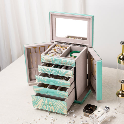 Ocean Star Tiffany Blue Glass Jewelry Chest 5 Drawer Jewelry Organizer