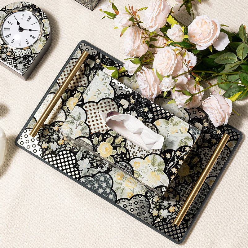 Vintage Patchwork Floral Decorative Tissue Box, Glass Napkin Holder, Elegant Dark Tone Home Tissue Cover