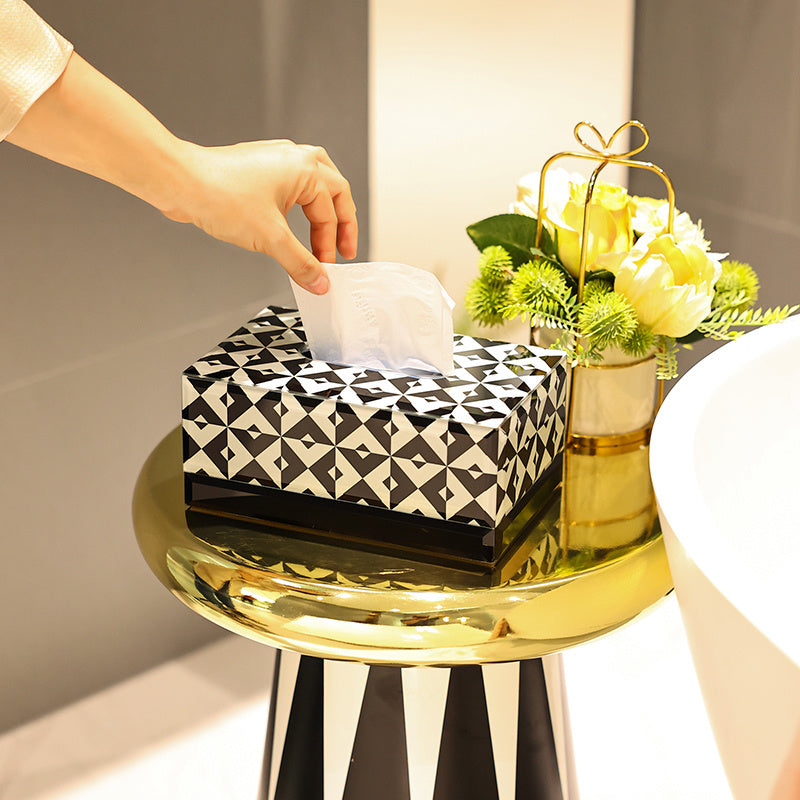 Black White Diamond Geometric Tissue Box, Glass Napkin Holder, Modern Minimalist Tissue Cover