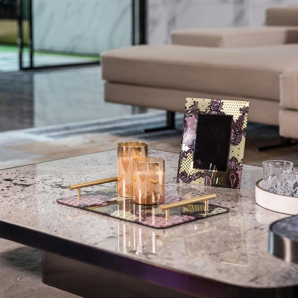 Paisley Pink Purple Retro Tempered Glass Vanity Tray, Solid Brass Handles, Luxury Decor Catchall Tray