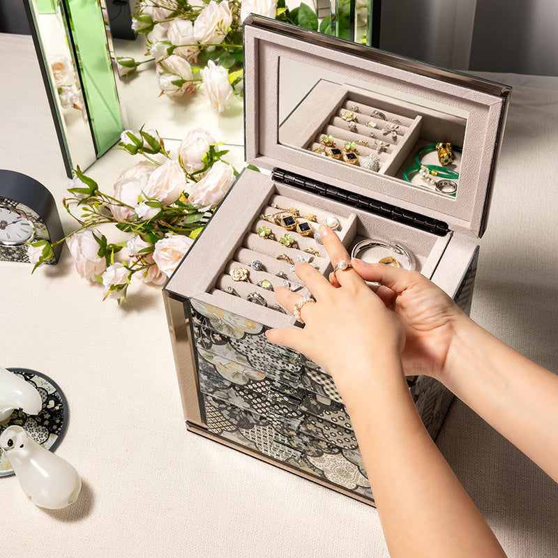 Floral Pattern Jewelry Box with 5 Drawers, Glass Accents