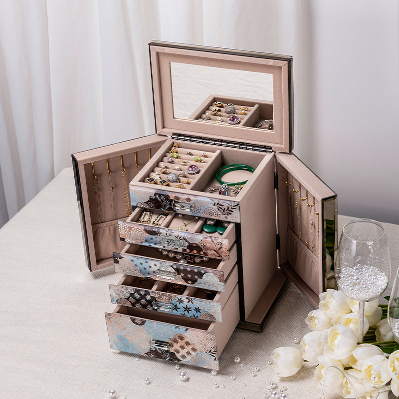 5-Drawer Glass Jewelry Chest, Double Side Door Luxury Jewelry Organizer Box with Mirror, Storage for Necklaces, Rings, Earrings & Watches for Vanity Bedroom