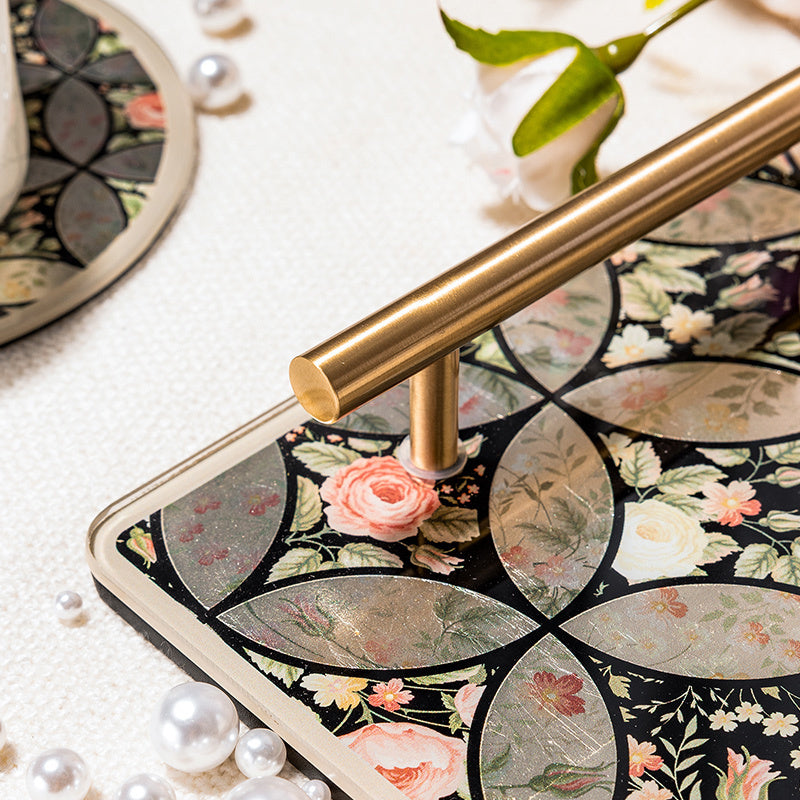 Vintage Gilded Floral Tempered Glass Vanity Tray, Solid Brass Handles, Luxury Decor Serving Tray