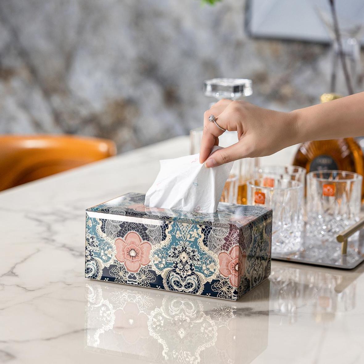 Lace Floral Decorative Tissue Box, Elegant Glass Napkin Holder, Light Luxury Home Vanity Tissue Cover Subtitle：Vintage Lace & Pink Flower Pattern Tissue Holder, Artisan Decor for Bedroom & Living Room