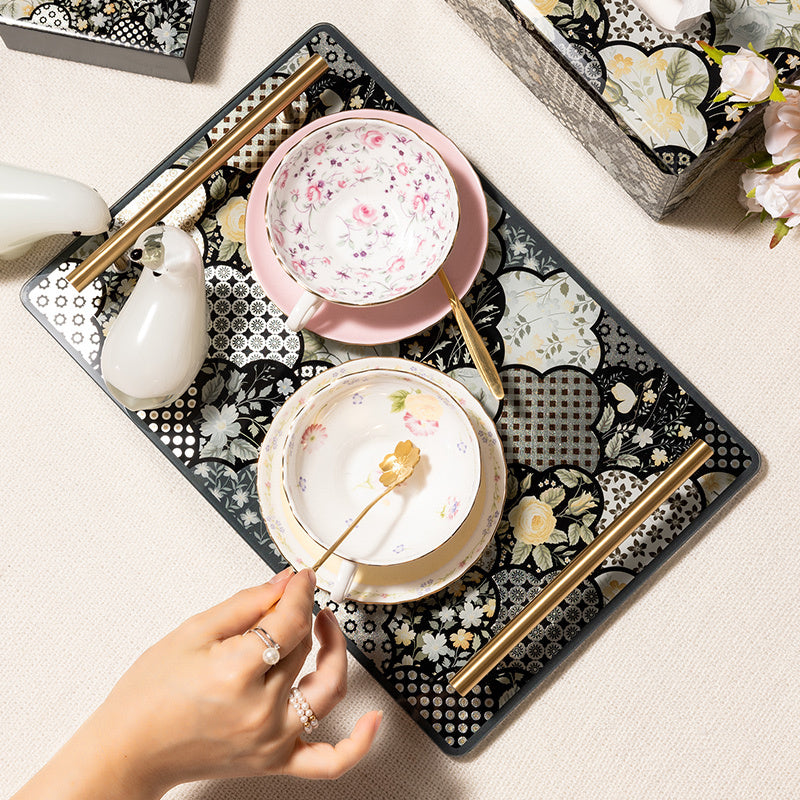 New Chinese Floral Patchwork Tempered Glass Vanity Tray, Solid Brass Handles, Luxury Decor Serving Tray