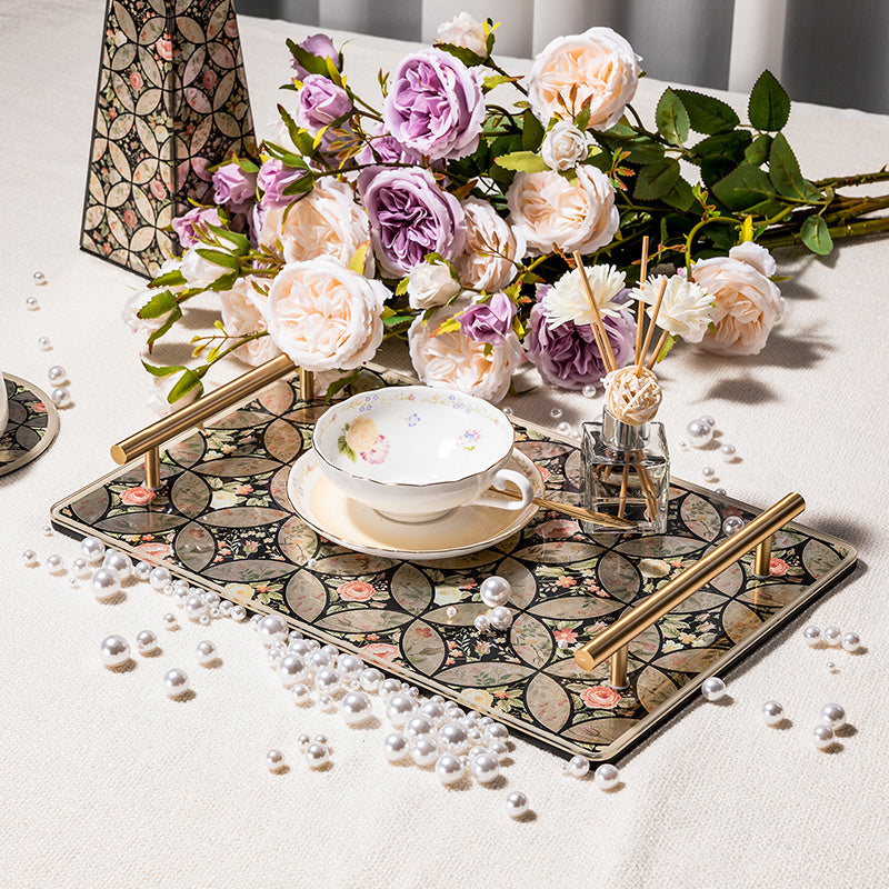 Vintage Gilded Floral Tempered Glass Vanity Tray, Solid Brass Handles, Luxury Decor Serving Tray