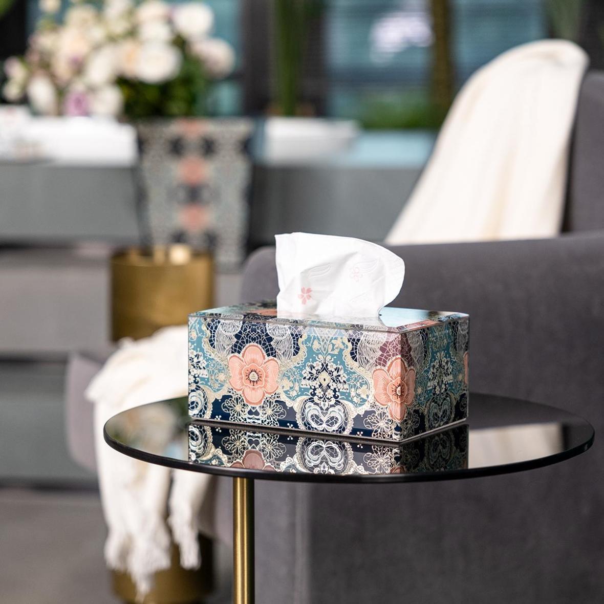 Lace Floral Decorative Tissue Box, Elegant Glass Napkin Holder, Light Luxury Home Vanity Tissue Cover Subtitle：Vintage Lace & Pink Flower Pattern Tissue Holder, Artisan Decor for Bedroom & Living Room