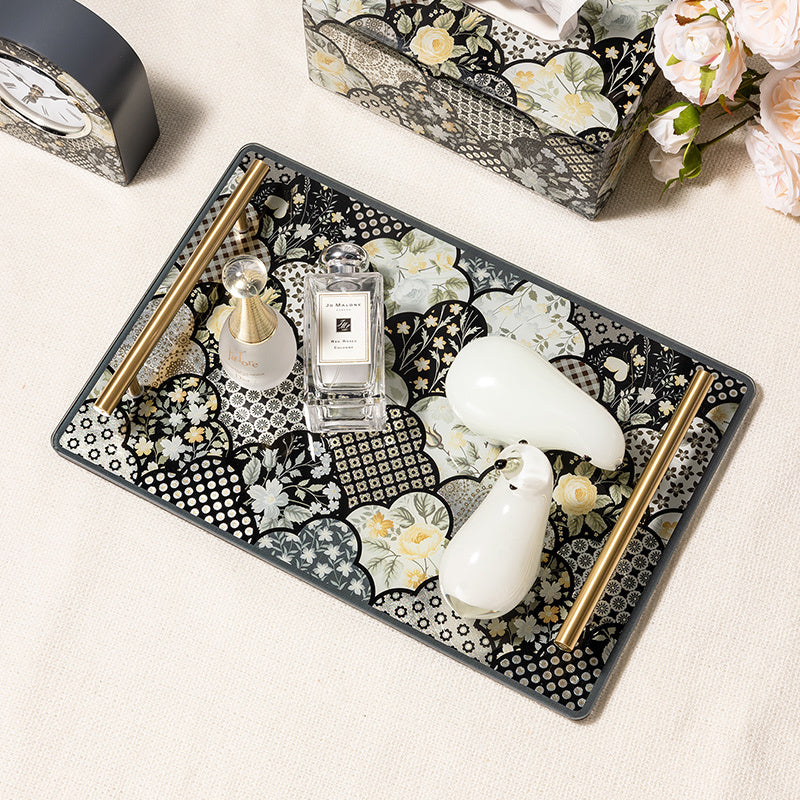 New Chinese Floral Patchwork Tempered Glass Vanity Tray, Solid Brass Handles, Luxury Decor Serving Tray