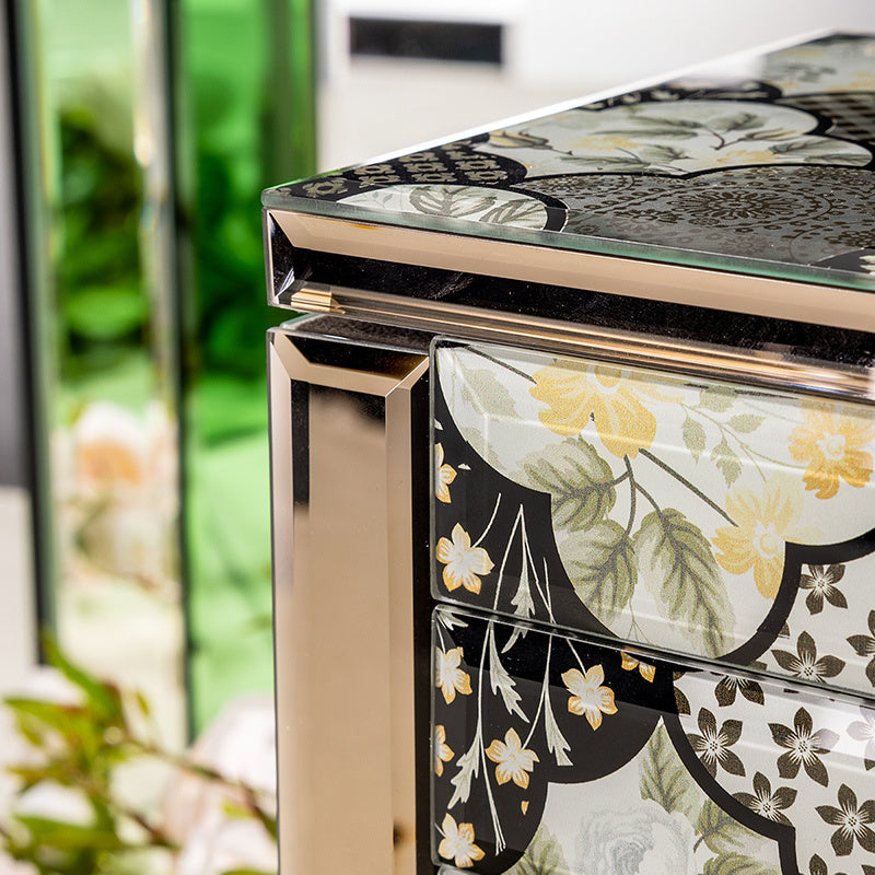Floral Pattern Jewelry Box with 5 Drawers, Glass Accents