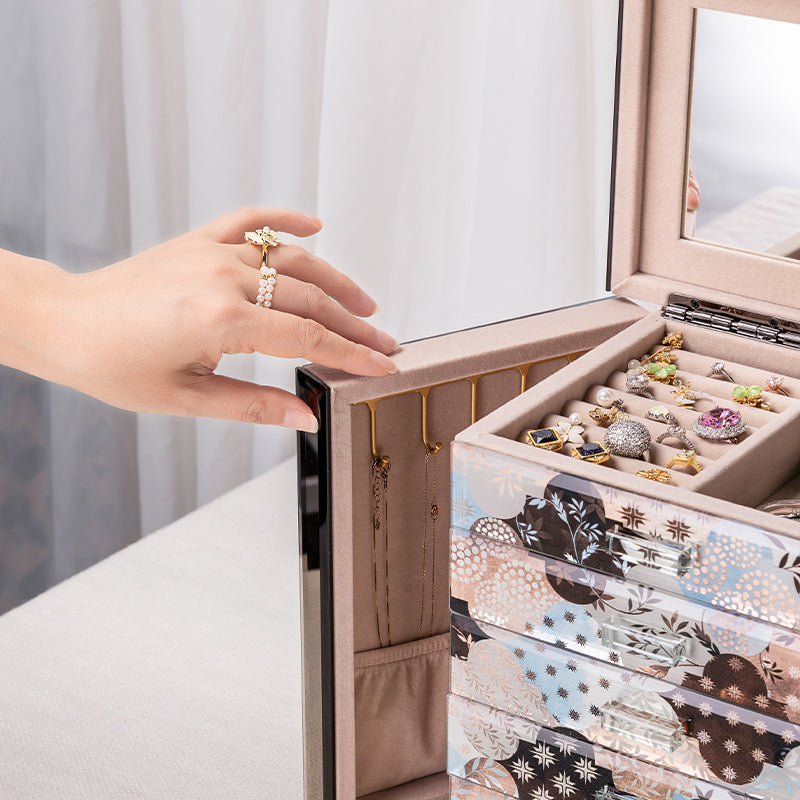 5-Drawer Glass Jewelry Chest, Double Side Door Luxury Jewelry Organizer Box with Mirror, Storage for Necklaces, Rings, Earrings & Watches for Vanity Bedroom