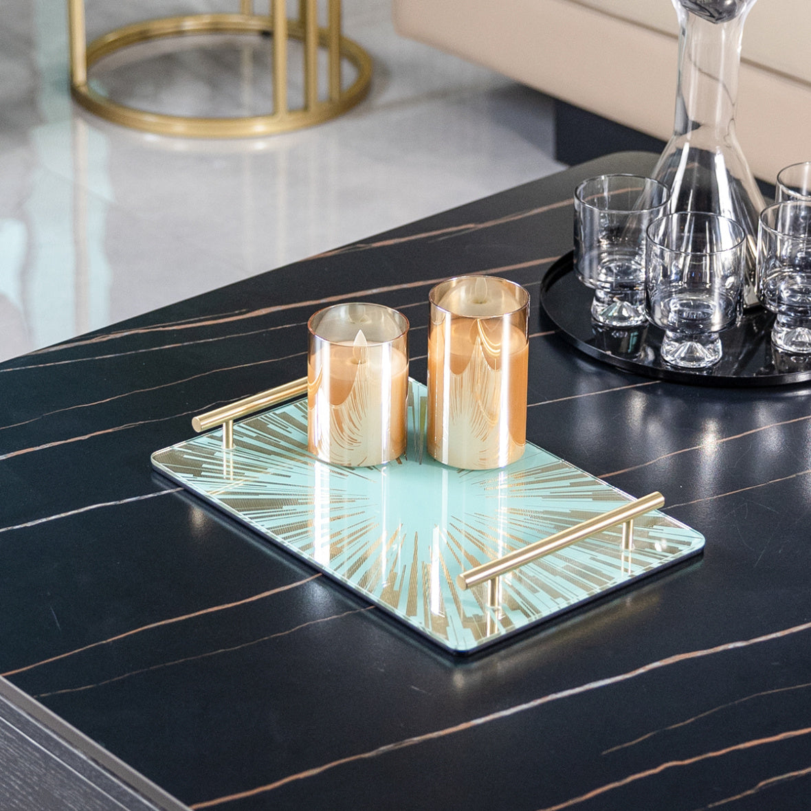 Tiffany Blue Sunburst Glass Serving Tray, Solid Brass Handles, Luxury Decor Tray