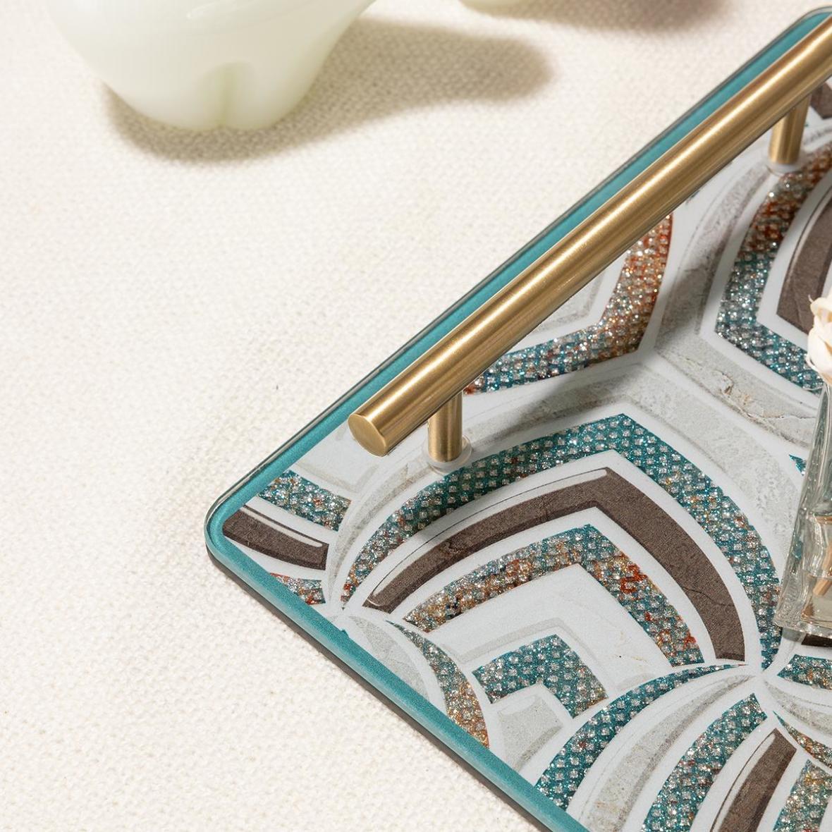 Geometric Marble Glitter Tempered Glass Vanity Tray, Solid Brass Handles, Luxury Decor Serving Tray