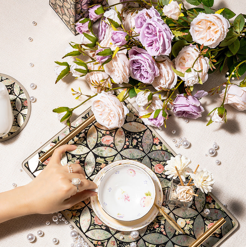 Vintage Gilded Floral Tempered Glass Vanity Tray, Solid Brass Handles, Luxury Decor Serving Tray