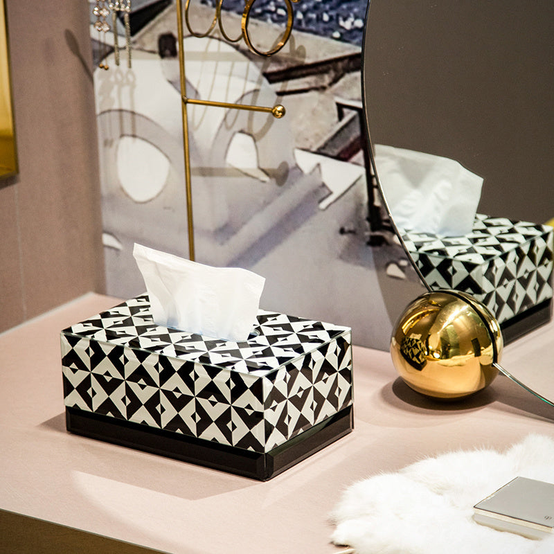 Black White Diamond Geometric Tissue Box, Glass Napkin Holder, Modern Minimalist Tissue Cover