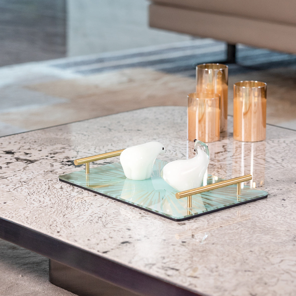 Tiffany Blue Sunburst Glass Serving Tray, Solid Brass Handles, Luxury Decor Tray