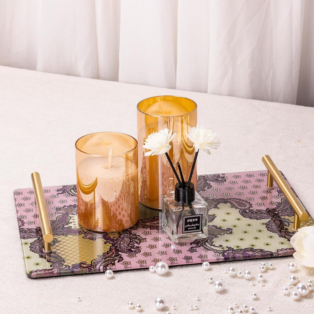Paisley Pink Purple Retro Tempered Glass Vanity Tray, Solid Brass Handles, Luxury Decor Catchall Tray