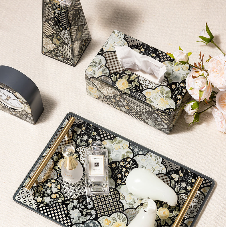 New Chinese Floral Patchwork Tempered Glass Vanity Tray, Solid Brass Handles, Luxury Decor Serving Tray