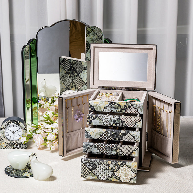 Floral Pattern Jewelry Box with 5 Drawers, Glass Accents