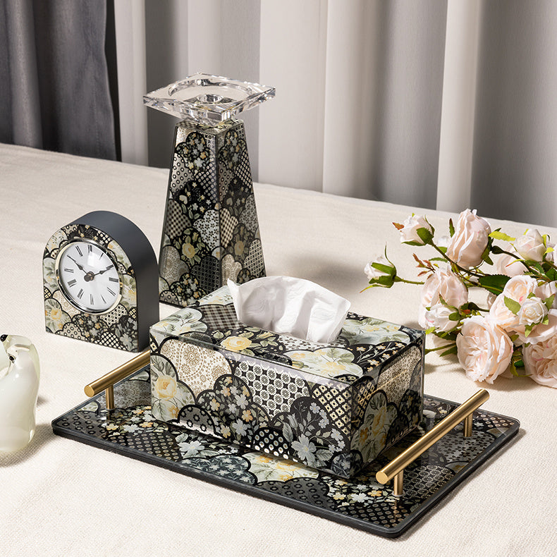 New Chinese Floral Patchwork Tempered Glass Vanity Tray, Solid Brass Handles, Luxury Decor Serving Tray