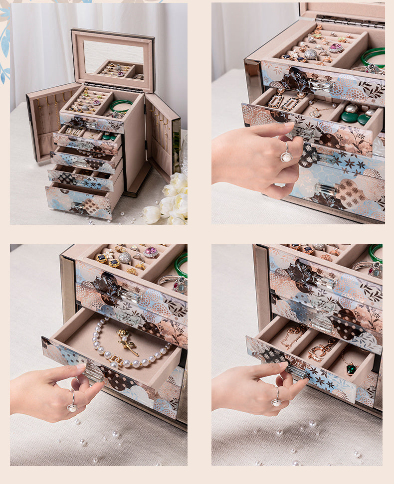 5-Drawer Glass Jewelry Chest, Double Side Door Luxury Jewelry Organizer Box with Mirror, Storage for Necklaces, Rings, Earrings & Watches for Vanity Bedroom