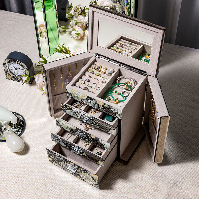 Floral Pattern Jewelry Box with 5 Drawers, Glass Accents
