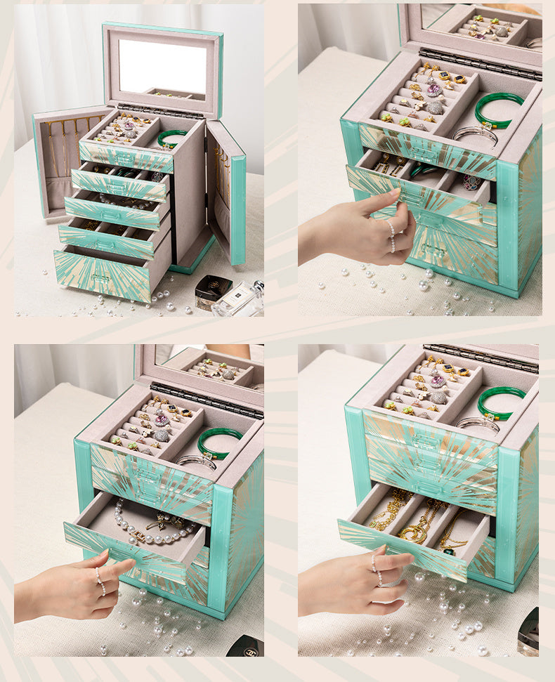 Ocean Star Tiffany Blue Glass Jewelry Chest 5 Drawer Jewelry Organizer