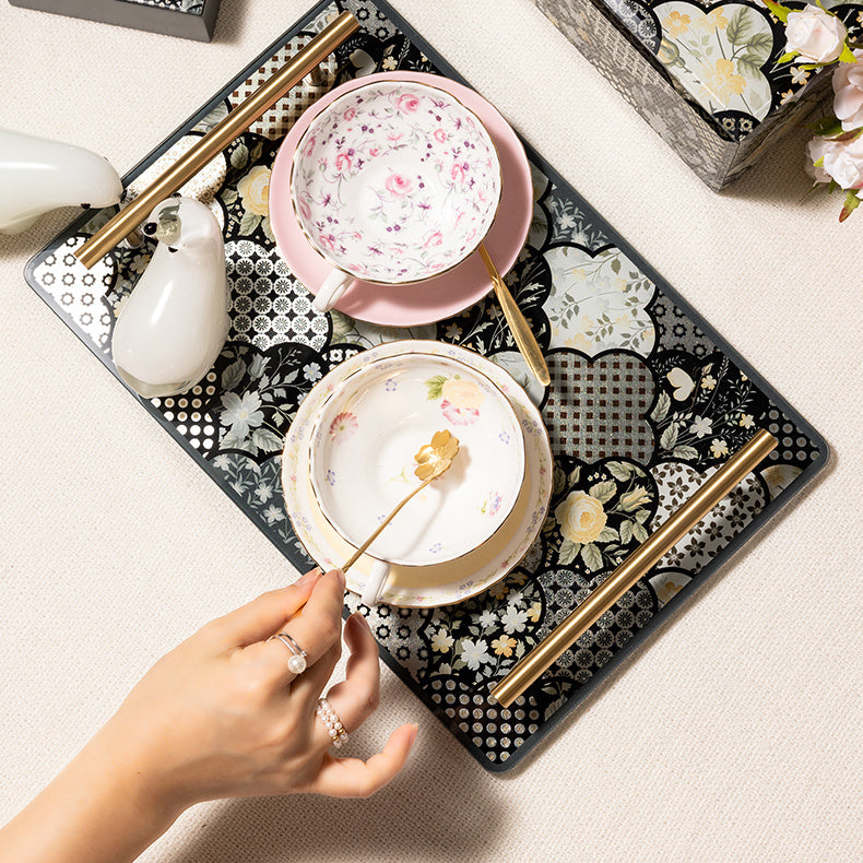 New Chinese Floral Patchwork Tempered Glass Vanity Tray, Solid Brass Handles, Luxury Decor Serving Tray