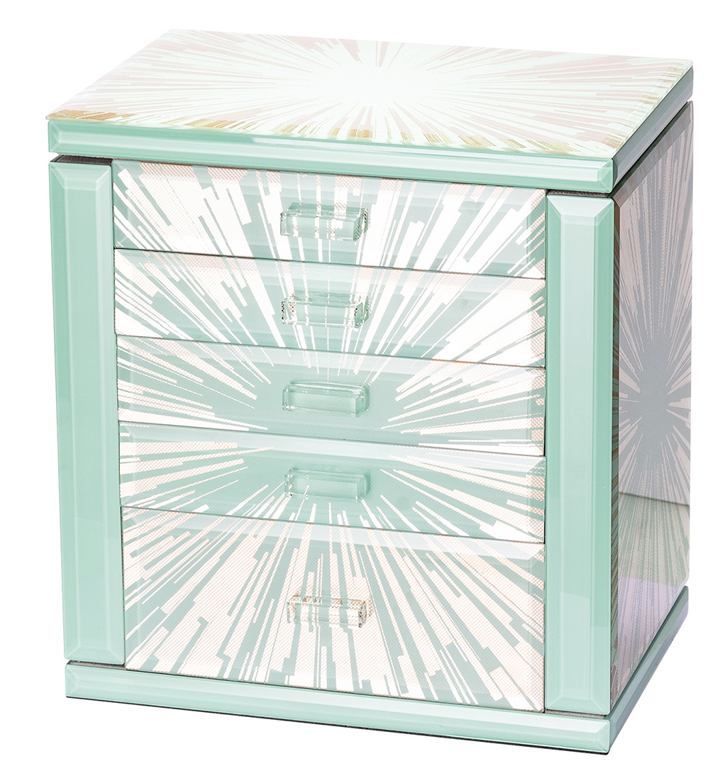 Ocean Star Tiffany Blue Glass Jewelry Chest 5 Drawer Jewelry Organizer